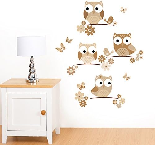 Owls on Tree Branch with Flowers, Birds &amp; Butterflies Neutral Brown - Girls Peel &amp; Stick Printed Wall Art Vinyl Stickers - Designed by Rubybloom Designs