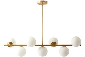 KCO Lighting Lámparas de Comedor Modernas de Metal Dorado, Lámpara Colgante de Isla de Cocina de Vidrio Blanco, 7 Luces, E27, Lámpara Colgante de Bola de Isla de 80 cm de Altura Ajustable