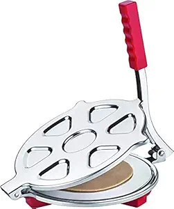 TNEXUS Heavy Quality Stainless Steel 7.0 inch Dia, Puri Maker Press Machine with Handle, Manual Stainless Steel Roti Press, Papad/Khakhra/Chapati Maker (Red Color)