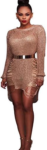 NAOMIIII Women'S Beach Hollow Out Long Sleeves Sweater Bodycon Dress , Rose Gold , L