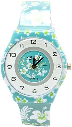 Little Girls Watch Kids Wristwatch with Flower Pattern Unisex Childrens First Time Teacher Watches with Environmental Friendly Silicone Rubber Strap,for 2-12 Years Old Green