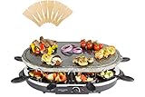 Elegante juego de raclette con gran superficie de cocción de en piedra de 30 cm x 42 cm. Potencia de 1200 vatios; Control termostático variable con luz de indicador.