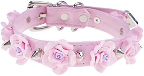 Handmade Cosplay Kitty Collar Kawaii Spikes Flower Leather Choker Necklace (Pink Silver)