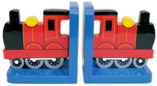 Red Train On Blue Wooden Bookends - Hand made in UK