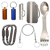 Llavero Caja de Pastillas, etiqueta equipaje, silbato emergencia, clip de mosquetón, todo hecho en aluminio, spork y alambre sierra fabricado en acero inoxidable, adecuado para viajes al aire libre, camping, senderismo, canotaje, caza, pesca