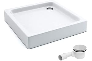 AQUABAD Duschwanne/Duschtasse | Komplettset Forta Plus mit LeakProtect Technologie Smooth White 80x80cm Quadrat | inkl. Ablaufgarnitur/Siphon Alcadran A49CR