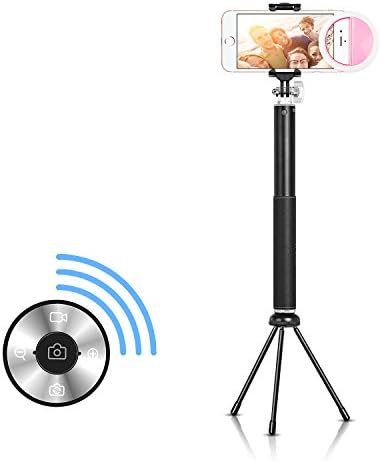 Bluetooth Selfie Stick, Posunitech Bluetooth Wireless Tripod Leather Selfie Stick with Bluetooth Remote Control, Led Selfie Ring Light Included for iPhone 6s/6s Plus/6/6 Plus, Android Smartphones (Black)