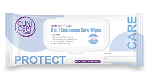 Clinicept Care 8 en 1 Lingettes à Continence, (Carton de 20 Paquets (500 Lingettes)), (25 Lingettes par Paquet), CCC25F, UK NHS APPROUVÉ | Clinicept Care 8 in 1 Continence Wipes, Carton of 20 Packs