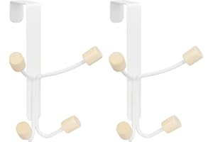 Skycase Over Door Hooks,2 Packs Sturdy Metal Over Door Wooden Hooks Organizer Rack for Hanging Coats Hats Robes Towels,Bathroom Bedroom Door Hangers,White