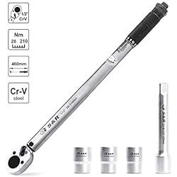 S&R Clé Dynamométrique 1/2 ' 46 cm (28-210 Nm) Cliquet carré Reversible + Rallonge 1/2' 12,5 cm + 3 Douilles (17, 19, 21 mm) Pour autos, motos, vélos