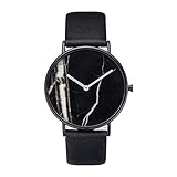 NaiCasy Unisex Mode Marmor Zifferblatt Uhr einfach Quarzuhr mit Lederband Casual Armbanduhr mit Batterie (schwarzes Leder und Schwarze Oberfläche)