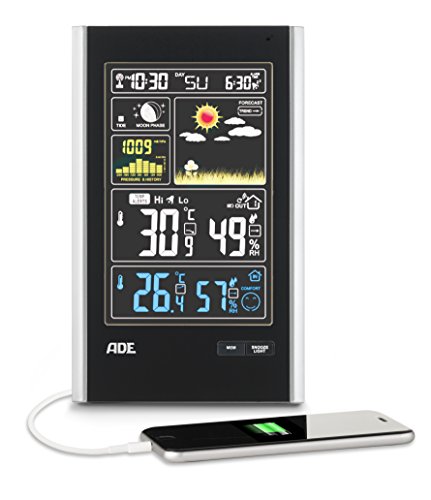 ADE Wetterstation WS 1600 mit Funk und Außensensor – digitale profi Funkwetterstation in schwarz – präzise Vorhersage der Innen- und Außen-Temperatur – mit großem Farb-Display, USB-Port und 1 Sensoren - 3