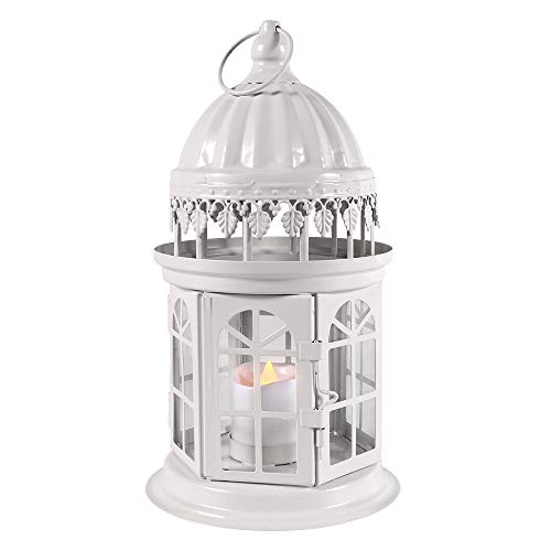 QHYK Lanternes décoratives avec Bougie LED sans Flamme, Effect de Flamme Vacillante, Barock Lanterne métallique pour en intérieur et extérieur, Jardin Décoration de Mariage, Blanc