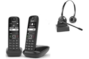 Cleyver - 2 x Téléphones AS690 DECT, sans Fil, Noir et Casque Duo ODHW15, Longue Portée, 2 Ecouteurs