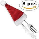 8 Mini Gorros de Santa Claus Navideños – Accesorio de Decoración para Cubertería – Adorno de Mesa para Cena Fiesta de Celebración de Navidad –Articulo de Soporte Festivo para Cubiertos – Regalo Ideal