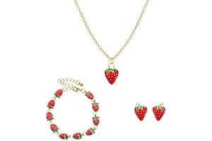 YUEXNKO Erdbeer Kinder Schmuckset, Erdbeerohrringe, Erdbeere Halskette Ohrringe Ring Armband