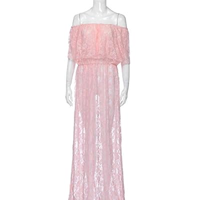 OHQ Dentelle Perspective Jupe SerréE ArrièRe Deux Femmes Enceintes Portant des Robes Grossesse Sexy Photographie Props Off éPaules Ou V-Cou Robe Longue Blanc Rose Chaude Bleu (Taille Unique, Rose-B)