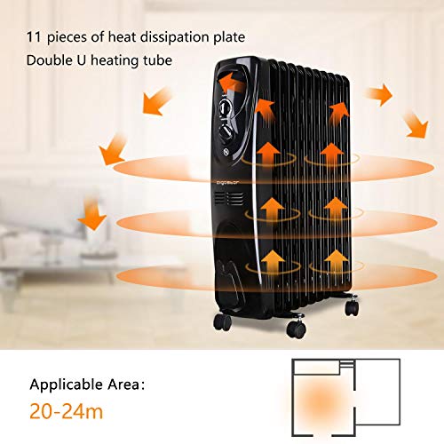 Aigostar Tummie 33JIE - Radiateur à bain d'huile portable. 11 éléments, 2300 W. 3 niveaux de puissance et thermostat réglable. Couleur noir. Design exclusif.