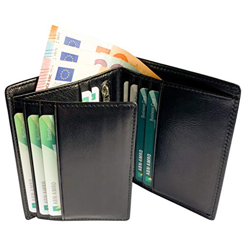 Portefeuille en Cuir de Vachette Véritable avec Poche à Monnaie Zippée et Fenêtre pour ID | Porte-Cartes et Porte-Billets à Trois Volets avec Blocage RFID | Noir