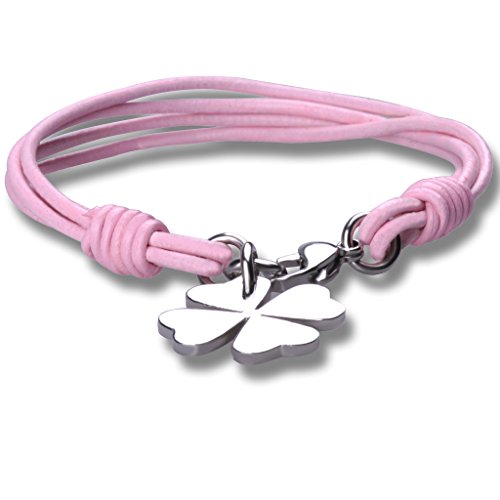 Stayoung Jewellery Moda Unisex Acero Inoxidable Cuero Trenzado Pulsera Brazalete Trébol de Cuatro Hojas, Rosa