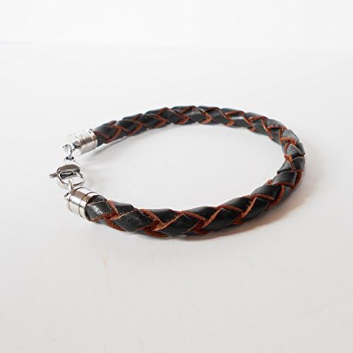 Black Leather Bracelet for Men Women 6mm Two-Tone Braided Cuff