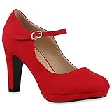  Damen Pumps T-Strap Blockabsatz High Heels Damen Mary Janes Samt Velours Spangenpumps Lack Leder-Optik Schuhe 129497 Rot 40 Flandell