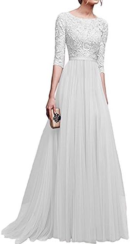 Quge Women's Floral Lace Prom Ball Gown 3/4 Sleeve Formal Cocktail Evening Long Dresses White 2XL