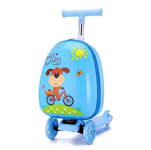 3-D Hardshell Ride On Suitcase Scooter for Kids - Cute Lightweight Kids Carry-On Luggage with LED Lit Wheels (Blue)