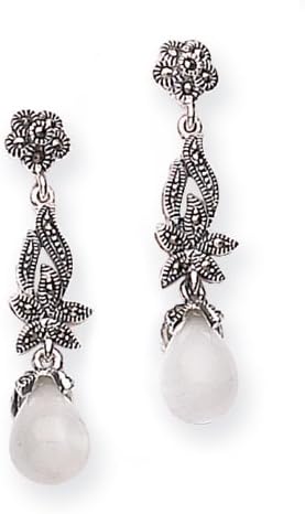 Goldmajor Marcasite and 925 Sterling Silver with White Mother of Pearl Drop Long Earrings