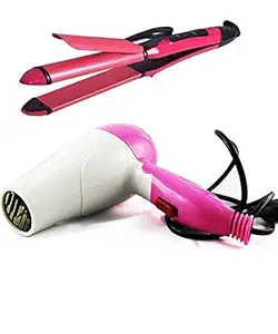 Finiviva 2 in 1 Styling Combo Kit of Hair Straightener, Curler and Hair Dryer - Pink, White