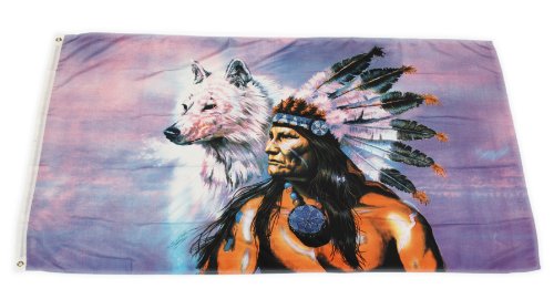 Original Handycop® Flagge Fahne F92114 USA United States of America Amerika Indianer mit Wolf 90 x 150 cm - wetterfeste Qualität