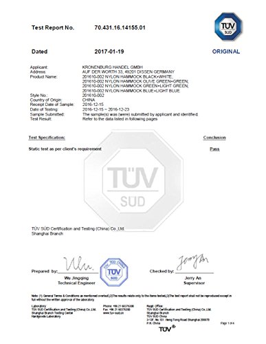 Kronenburg Ultraleichte Hängematte Fallschirm Nylon Fallschirmseide 275 x 140 cm, Traglast 300 kg TÜV SÜD geprüft mit 2 Karabiner und 2 Seilen Olive-Grün - 5