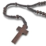 MunkiMix Holz Anhänger Halskette Braun Kruzifix Kreuz Kugel Perle Perlen Retro 24 Zoll Rosenkranz Kette Herren,Damen - 3