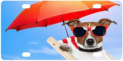 12 X 6 inches Durable License Plate Frame Metal Personalized Car Tag, Puppy Dog Summer Beach Umbrella With Sunglasses (4 Holes)