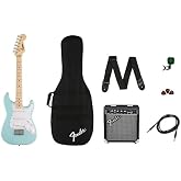 Squier by Fender Mini Stratocaster Pack Electric Guitar Kids, Blue | Starter Kit with Amplifier, Tuner, Case, Cable