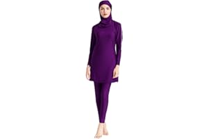 IWEMEK Full Body Burkini Swimsuits for Women Modest Muslim Swimwear Solid Long Sleeve Bathing Suits Swim Top + Pants + Hijab 3PCS Islamic Swimming Suit Mid East Arabic Beachwear