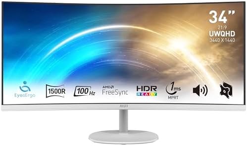 msi PRO MP341CQW Monitor Curvo 34" UWQHD (3440 x 1440), Pannello 21:9, 100 Hz, 1 ms (MPRT), Anti-Flicker, Less Blue Light, Speaker integrati, 2x HDMI 2.0b, 1x DP, VESA 100x100, Bianco