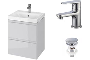 VBChome Mobile da bagno 50 cm, grigio con rubinetto e valvola pop-up, lavabo con mobiletto, lavabo a 2 cassetti, pensile Click-Clack