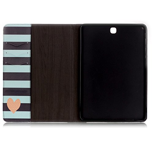 Etsue für Samsung Galaxy Tab E 9.6/T560/T561 Ledertasche Case Hülle, Bunte Retro Painted Leder Schutzhülle Silikon Back Case Smart Wallet Case Flip Folio Cover Etui Schale Bookstyle mit Standfunktion Kartenfächer Magnetverschluss für Samsung Galaxy Tab E 9.6/T560/T561 + 1x Glitzer Staub Stecker + 1x Blau Eingabestift- Liebe Herz Streifen - 2