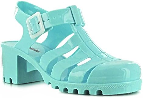 WOMENS LADIES GIRLS CLEAR SEE THROUGH GLITTER BLACK WHITE HOT SUMMER BEACH HOLIDAY BUCKLE RETRO JELLY MID BLOCK HEEL SANDALS. (UK 6 / EU 39, MINT)