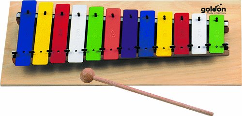 'Goldon - Metalófono 12 PLACAS DE SONIDO multicolores, C' - G, zzgl. 3 tonos, en tabla de madera, en cartón de regalo