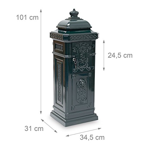 Relaxdays Standbriefkasten Antik HBT: 106 x 38 x 34 cm nostalgischer Säulenbriefkasten aus rostfreiem Aluminium englischer Briefkasten Postkasten in britischem Design mit Posthorn, grün - 3