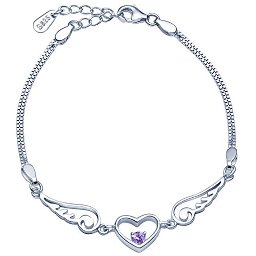 Unendlich UInfinite U Angel Wings Heart Womens Link Charm Bracelet 925 Sterling Silver Purple Cubic Zirconia Double Strands Chains with Extension, Silver