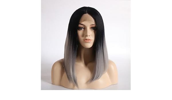 Women S Synthetic Lace Front Wig Medium Straight Black Grey Ombre