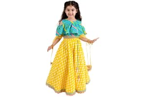Pspeaches Girls Ethnic Turquoise Cambric Cold Shoulder Round Neck Leheriya Print Lehenga & Choli with Dupatta 3 Piece Set