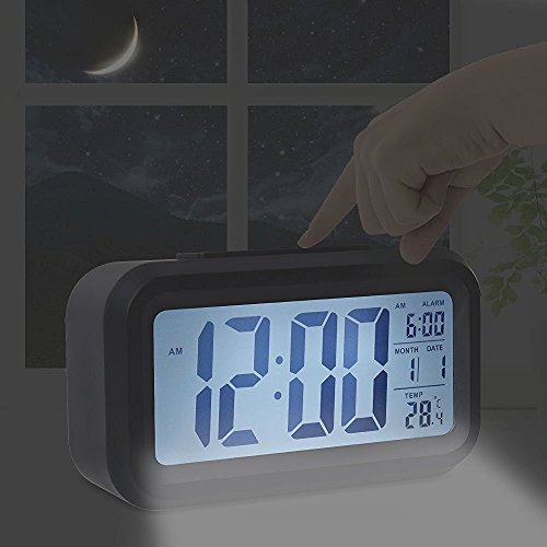 Bosdontek Smart LED-Digital-Wecker Snooze 5 Minuten, bald aufhören Alarmknöpfe, mit Datum, Temperatur-Sensor-Licht (schwarz) - 5