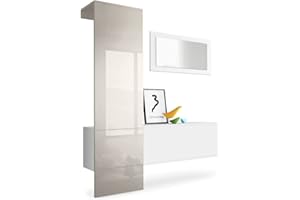 Vladon Carlton Hallway Set 4, Hallway Storage Set with 1 Coat Rack Panel, 1 Cabinet and 1 Wall-Mounted Mirror, White matt/sand grey high gloss (156 x 193 x 35 cm)