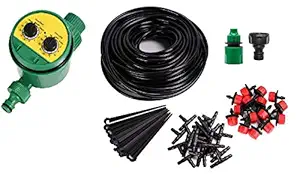 JERN Micro Drip Irrigation System Plant Self Automatic Watering Timer Garden Hose Kits with Adjustable Dripper (10M Hose Drip System with Analog Timer)