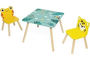Janod - Tavolo e 2 Sedie in Legno Tropik - Mobili Per Bambini - Tavolo 55 x 55 cm, Sedia Rana e Sedia Giaguaro - Vernice ad Acqua - Dai 3 Anni, J08273