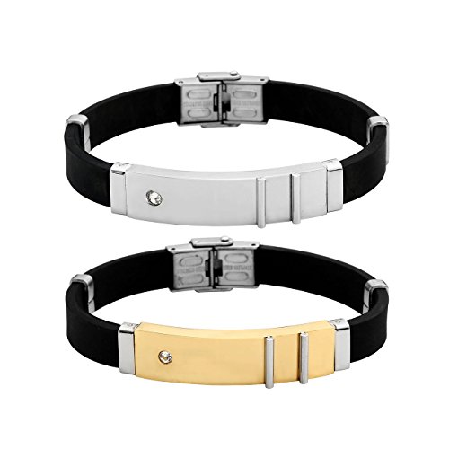 PiercingJ Paare Armband Set 2x Edelstahl Zirkon Gummi Kautschuk Klassische Armband Armreifen Manschette für He